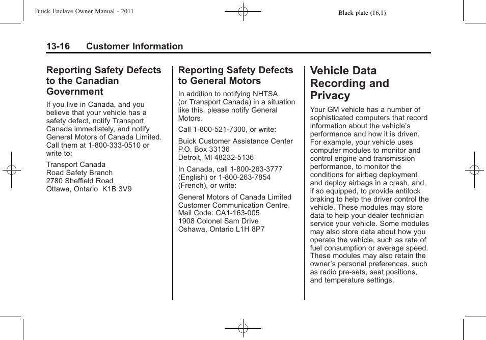 Reporting safety defects to general motors, Vehicle data recording and privacy, Vehicle data recording and | Reporting safety defects to, The canadian government -16, Motors -16, Privacy -16 | Buick 2011 Enclave User Manual | Page 444 / 458