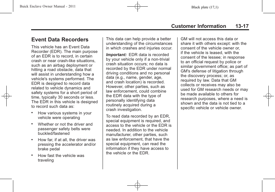 Event data recorders, Event data recorders -17, Customer information 13-17 | Buick 2011 Enclave User Manual | Page 445 / 458