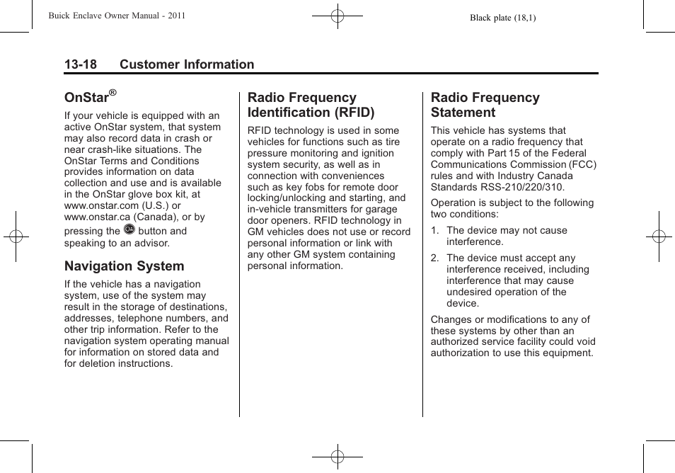 Onstar, Navigation system, Radio frequency identification (rfid) | Radio frequency statement, Navigation system -18 radio frequency, Rfid) -18, Radio frequency, Statement -18 | Buick 2011 Enclave User Manual | Page 446 / 458