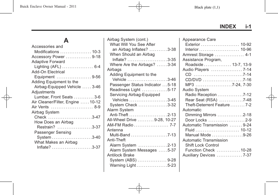 Index, Index_a, Index i-1 | Buick 2011 Enclave User Manual | Page 447 / 458