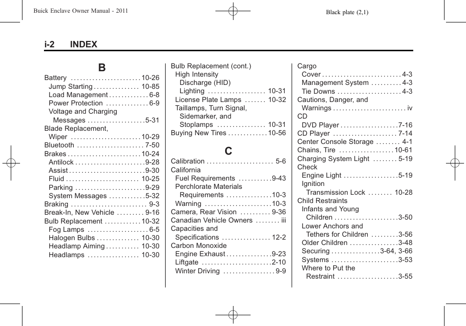 Index_b, Index_c, I-2 index | Buick 2011 Enclave User Manual | Page 448 / 458