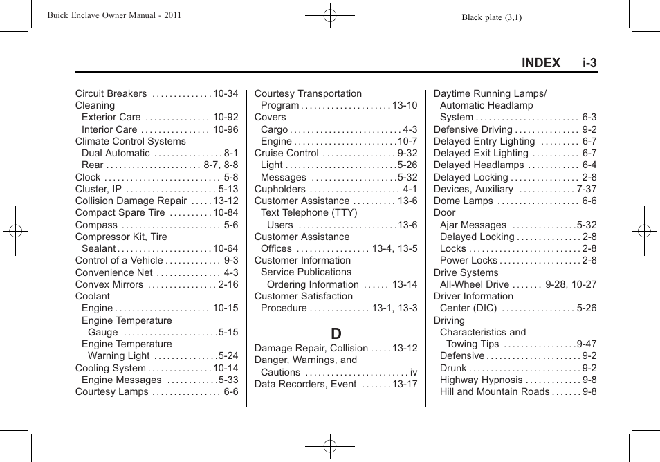 Index_d, Index i-3 | Buick 2011 Enclave User Manual | Page 449 / 458