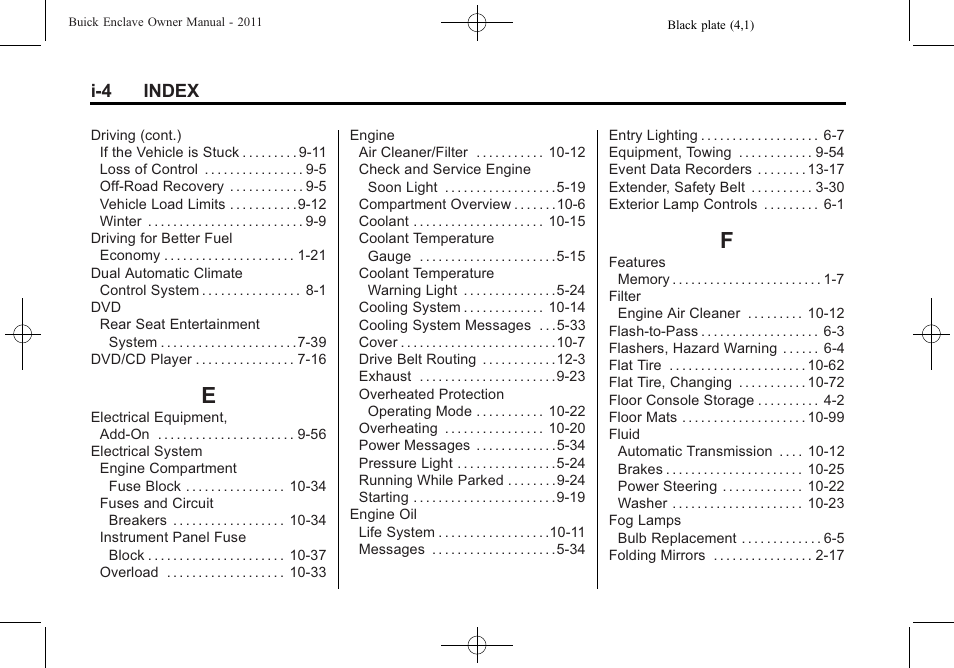 Index_e, Index_f, I-4 index | Buick 2011 Enclave User Manual | Page 450 / 458