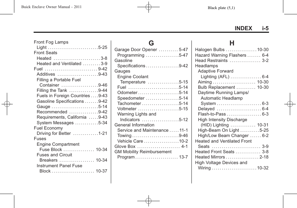 Index_g, Index_h, Index i-5 | Buick 2011 Enclave User Manual | Page 451 / 458