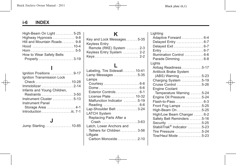 Index_i, Index_j, Index_k | Index_l | Buick 2011 Enclave User Manual | Page 452 / 458