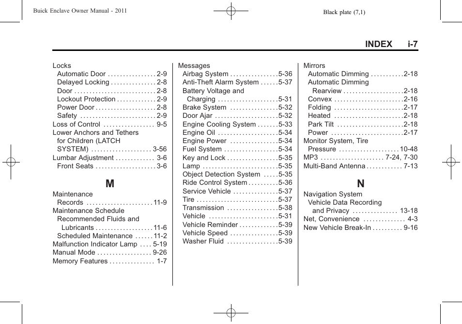 Index_m, Index_n | Buick 2011 Enclave User Manual | Page 453 / 458