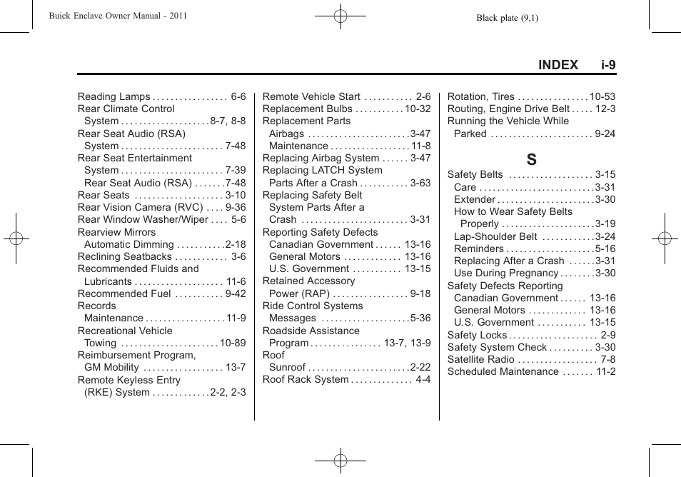 Index_s, Index i-9 | Buick 2011 Enclave User Manual | Page 455 / 458
