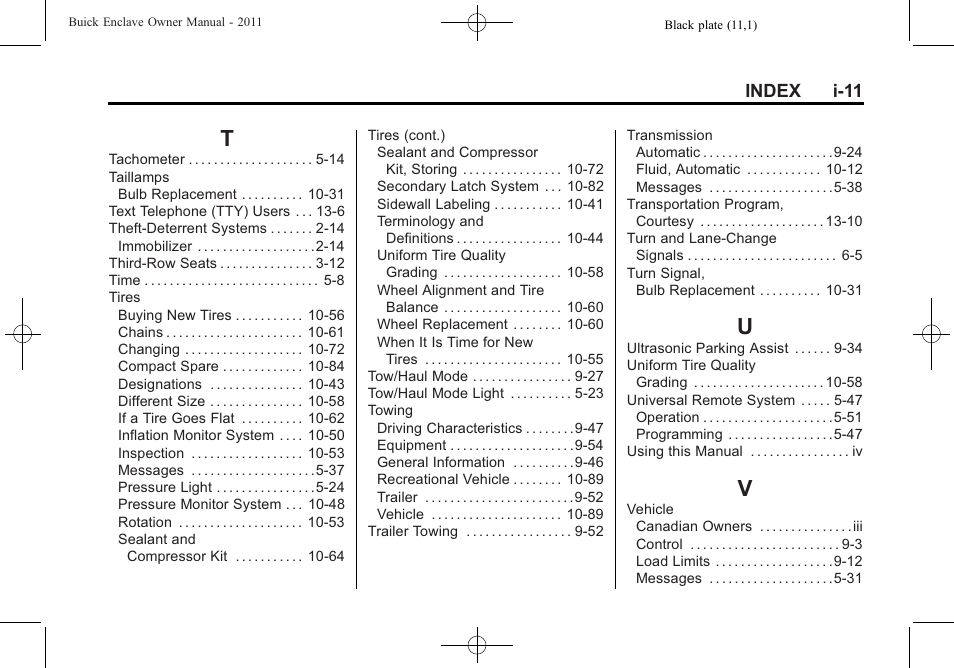Index_t, Index_u, Index_v | Buick 2011 Enclave User Manual | Page 457 / 458