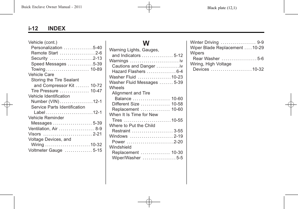 Index_w, I-12 index | Buick 2011 Enclave User Manual | Page 458 / 458