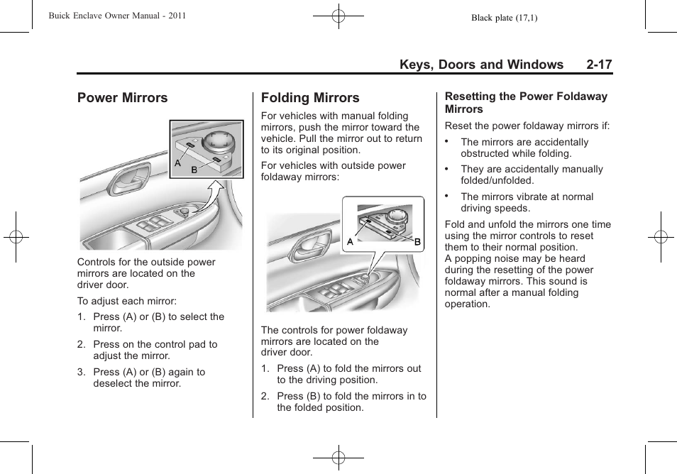 Power mirrors, Folding mirrors, Mirrors -17 | Keys, doors and windows 2-17 | Buick 2011 Enclave User Manual | Page 47 / 458