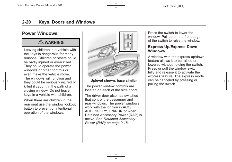 Power windows, Power windows -20 | Buick 2011 Enclave User Manual | Page 50 / 458