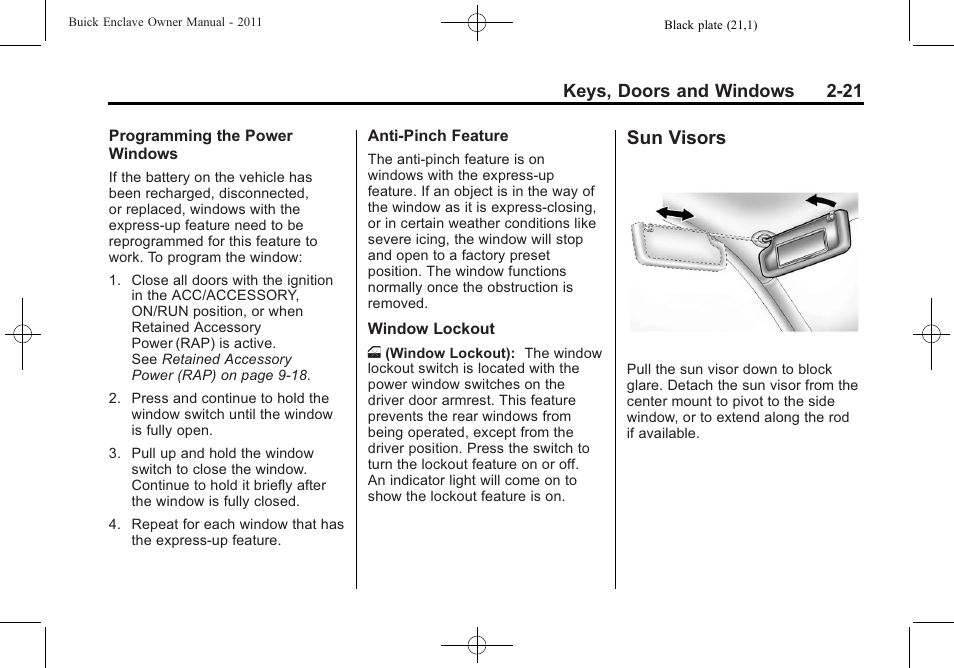 Sun visors, Sun visors -21 | Buick 2011 Enclave User Manual | Page 51 / 458