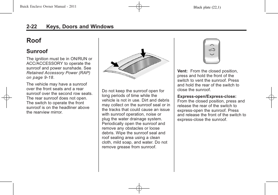 Roof, Sunroof, Roof -22 | Lighting, Sunroof -22 | Buick 2011 Enclave User Manual | Page 52 / 458