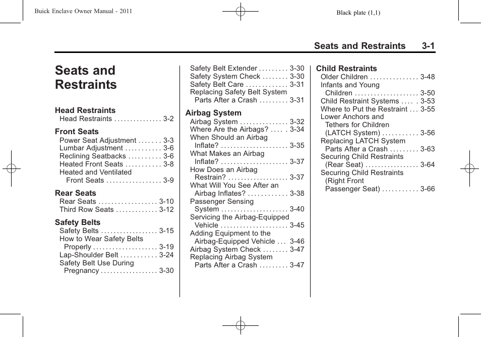 Seats and restraints, Seats and restraints -1, Seats and restraints 3-1 | Buick 2011 Enclave User Manual | Page 55 / 458