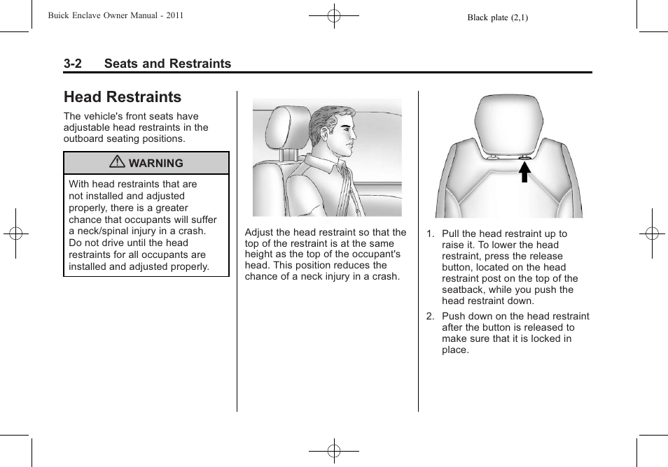 Head restraints, Head restraints -2 | Buick 2011 Enclave User Manual | Page 56 / 458