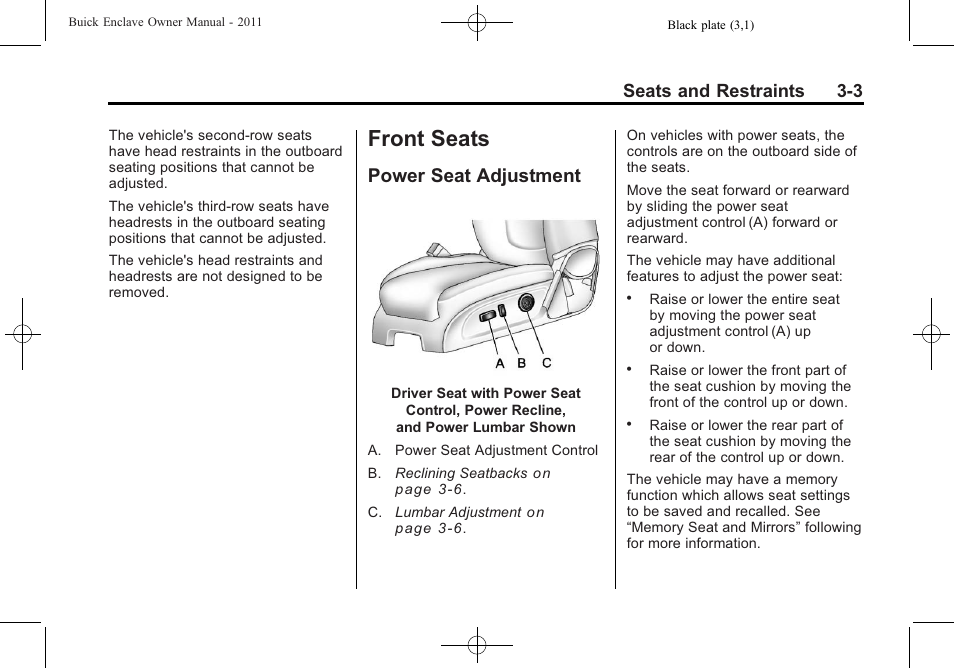 Front seats, Power seat adjustment, Front seats -3 | Power seat adjustment -3, Seats and restraints 3-3 | Buick 2011 Enclave User Manual | Page 57 / 458