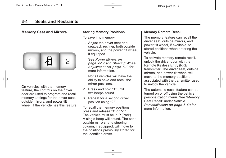 4 seats and restraints | Buick 2011 Enclave User Manual | Page 58 / 458