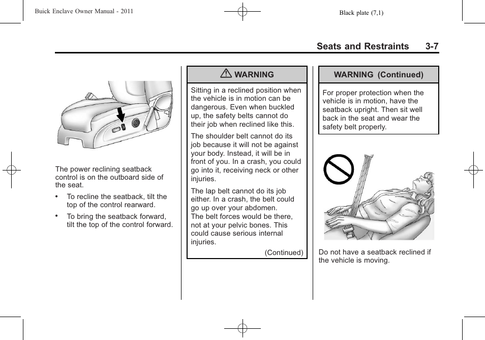 Seats and restraints 3-7 | Buick 2011 Enclave User Manual | Page 61 / 458