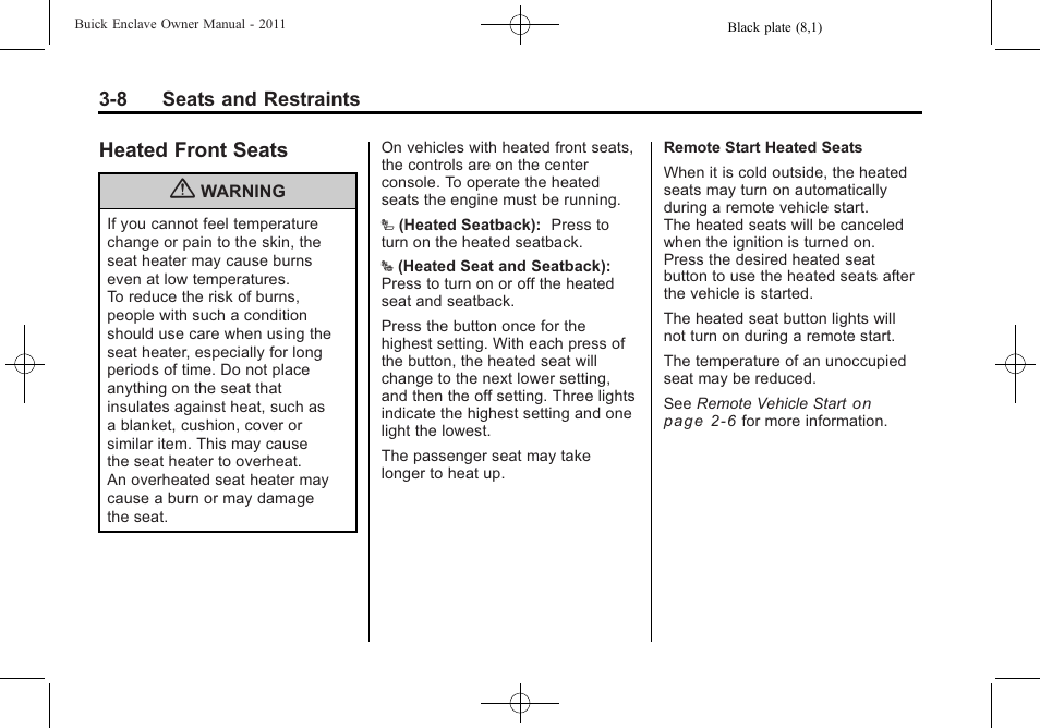 Heated front seats, Heated front seats -8 | Buick 2011 Enclave User Manual | Page 62 / 458