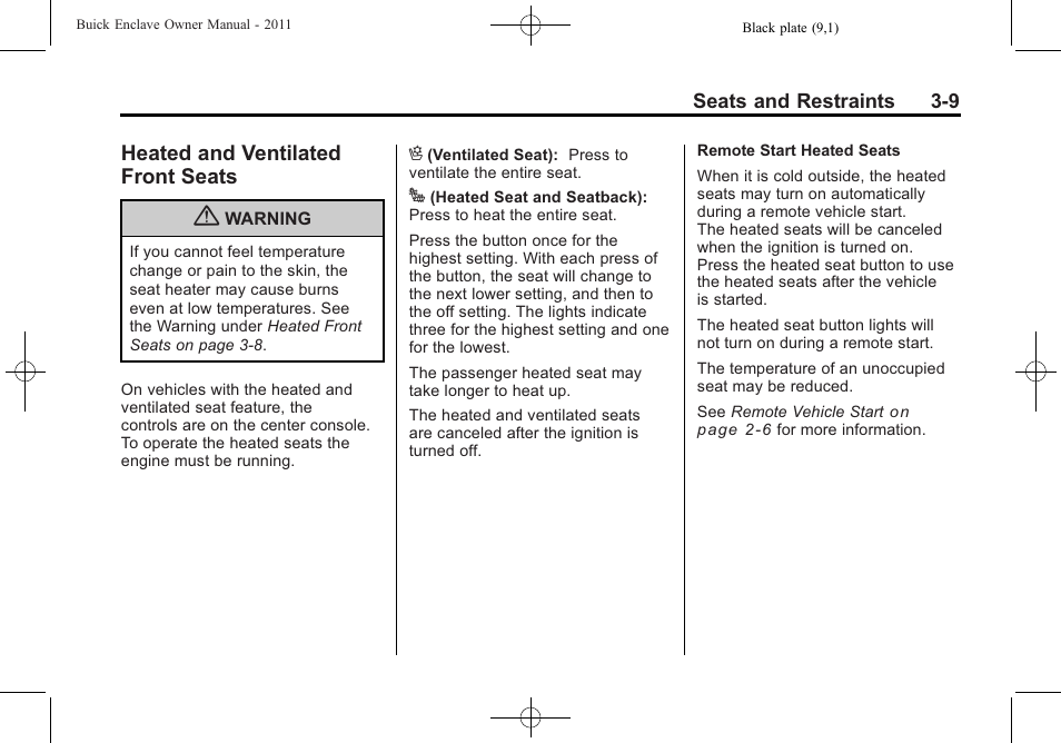Heated and ventilated front seats, Heated and ventilated, Front seats -9 | Buick 2011 Enclave User Manual | Page 63 / 458