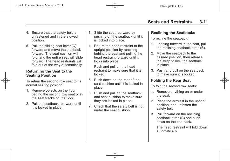 Seats and restraints 3-11 | Buick 2011 Enclave User Manual | Page 65 / 458