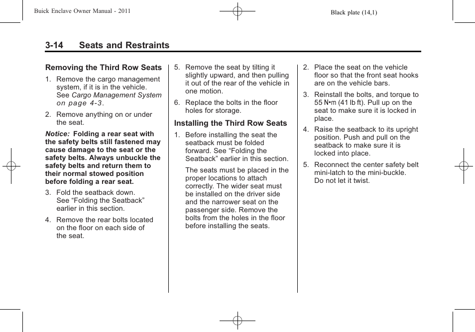 14 seats and restraints | Buick 2011 Enclave User Manual | Page 68 / 458