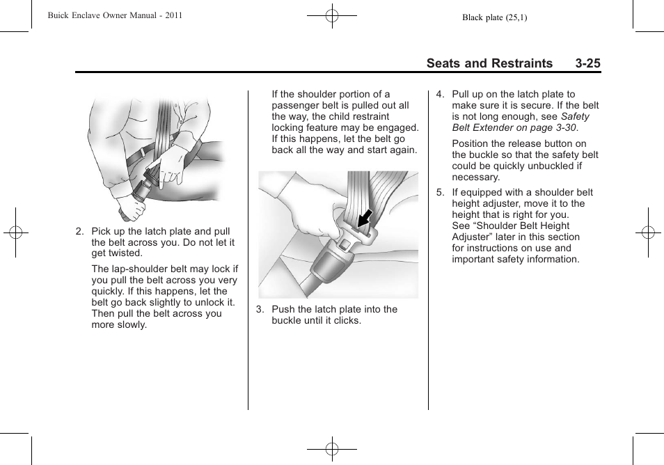 Seats and restraints 3-25 | Buick 2011 Enclave User Manual | Page 79 / 458