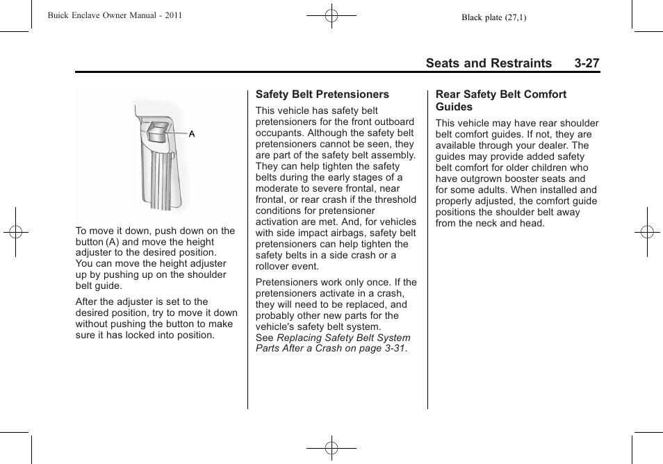 Seats and restraints 3-27 | Buick 2011 Enclave User Manual | Page 81 / 458