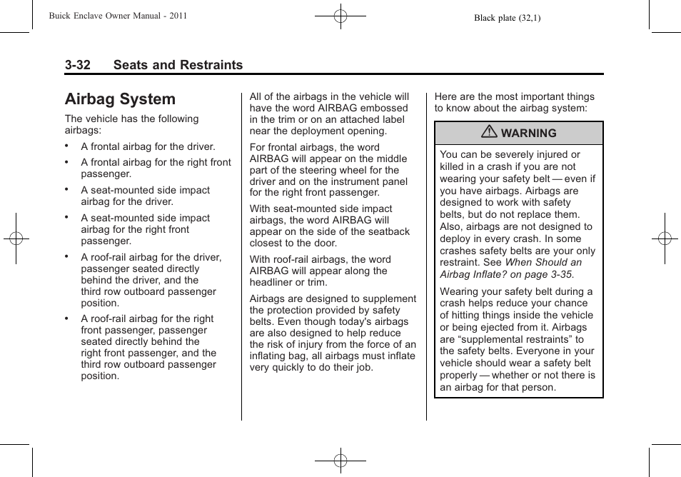 Airbag system, Airbag system -32, 32 seats and restraints | Buick 2011 Enclave User Manual | Page 86 / 458