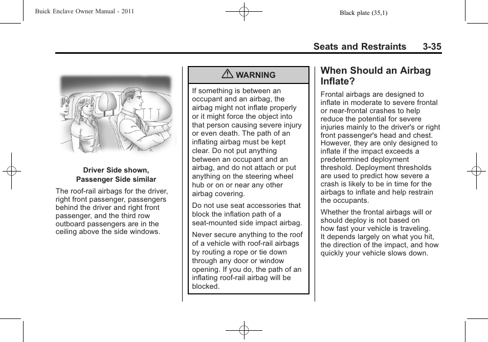 When should an airbag inflate, When should an airbag, Inflate? -35 | Buick 2011 Enclave User Manual | Page 89 / 458
