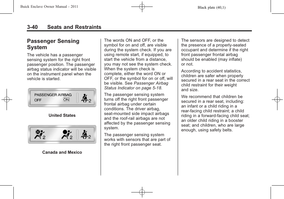 Passenger sensing system, Sensing | Buick 2011 Enclave User Manual | Page 94 / 458