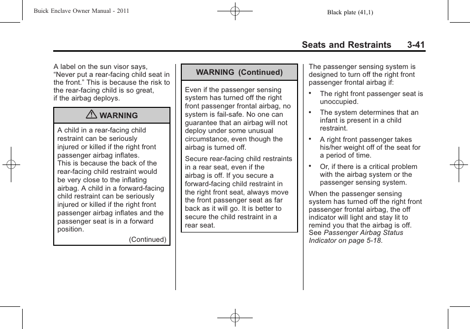Seats and restraints 3-41 | Buick 2011 Enclave User Manual | Page 95 / 458