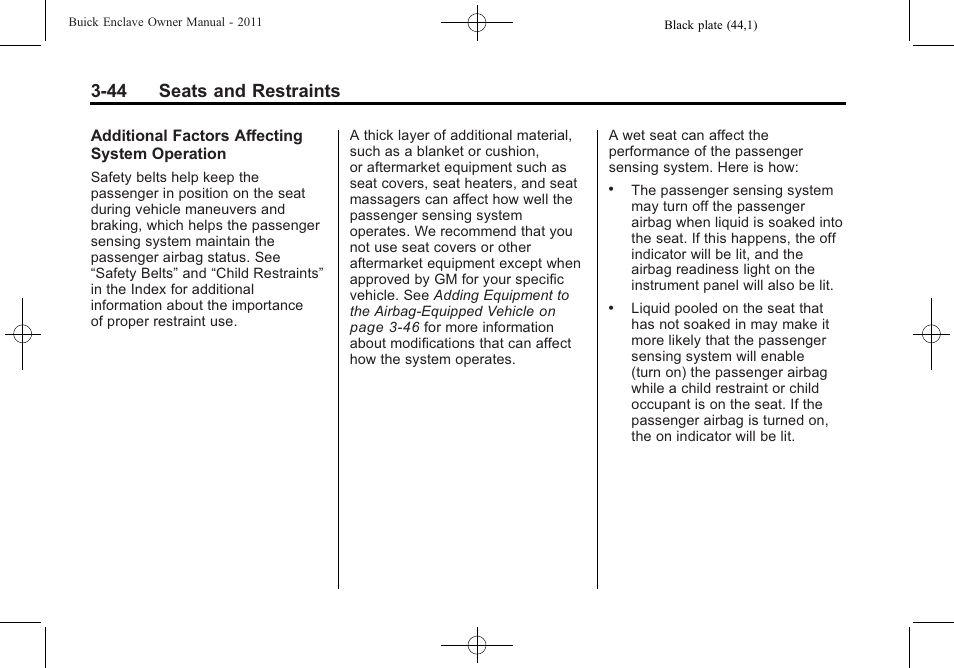 44 seats and restraints | Buick 2011 Enclave User Manual | Page 98 / 458