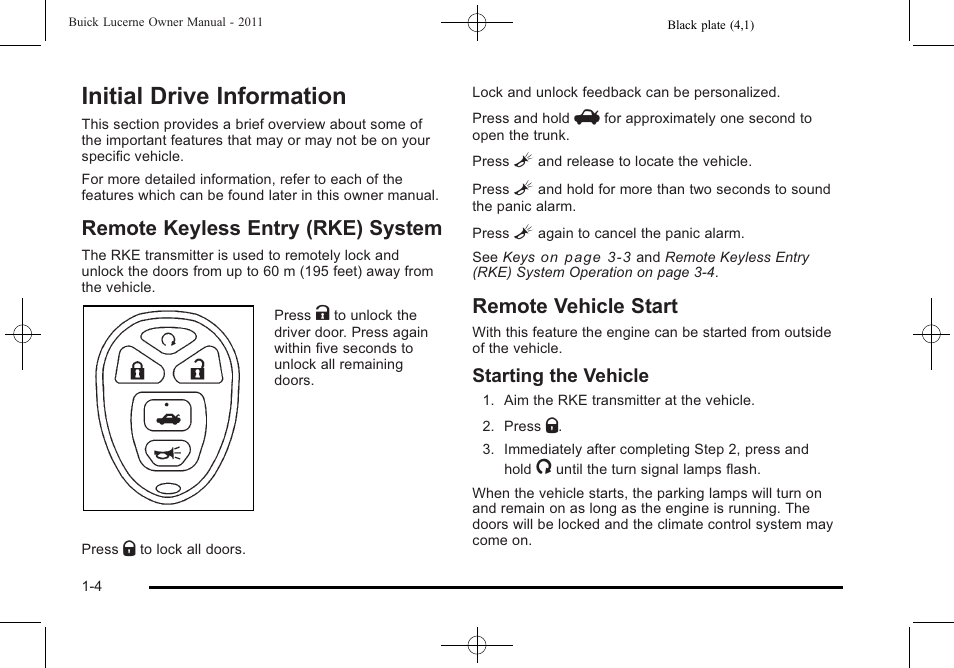 Initial drive information, Remote keyless entry (rke) system, Remote vehicle start | Initial drive information -4, Doors and locks, Starting the vehicle | Buick 2011 Lucerne User Manual | Page 10 / 446