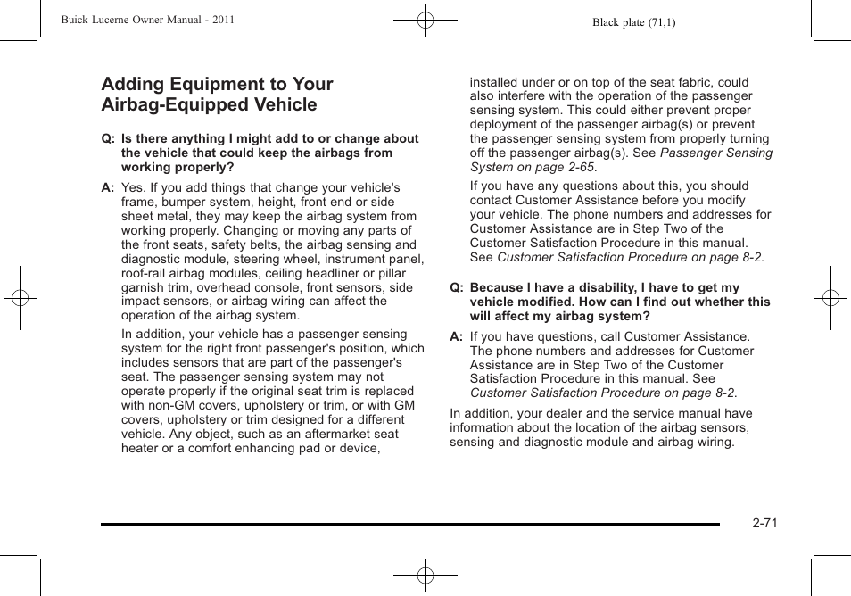 Adding equipment to your airbag-equipped vehicle, Adding equipment to your airbag-equipped, Vehicle -71 | Buick 2011 Lucerne User Manual | Page 103 / 446