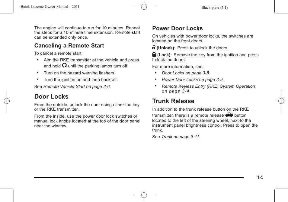 Door locks, Trunk release, Door locks -5 trunk release -5 | Canceling a remote start, Power door locks | Buick 2011 Lucerne User Manual | Page 11 / 446