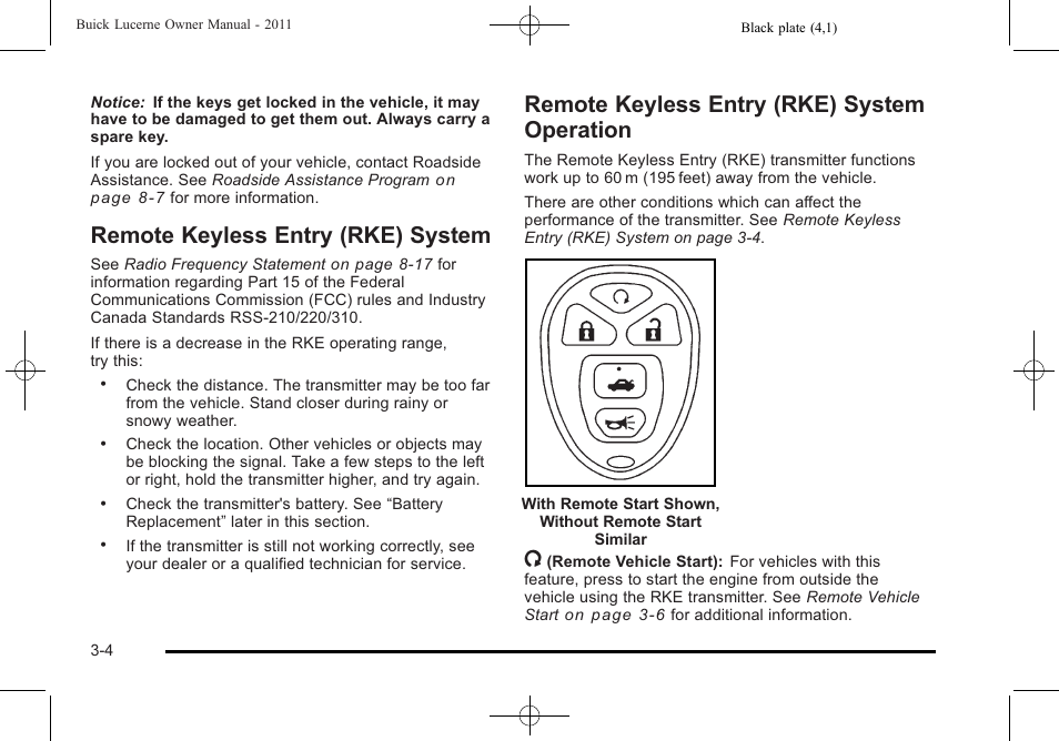 Remote keyless entry (rke) system, Remote keyless entry (rke) system operation, Operation -4 | Buick 2011 Lucerne User Manual | Page 110 / 446