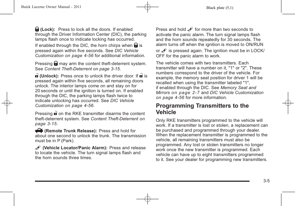 Programming transmitters to the vehicle | Buick 2011 Lucerne User Manual | Page 111 / 446