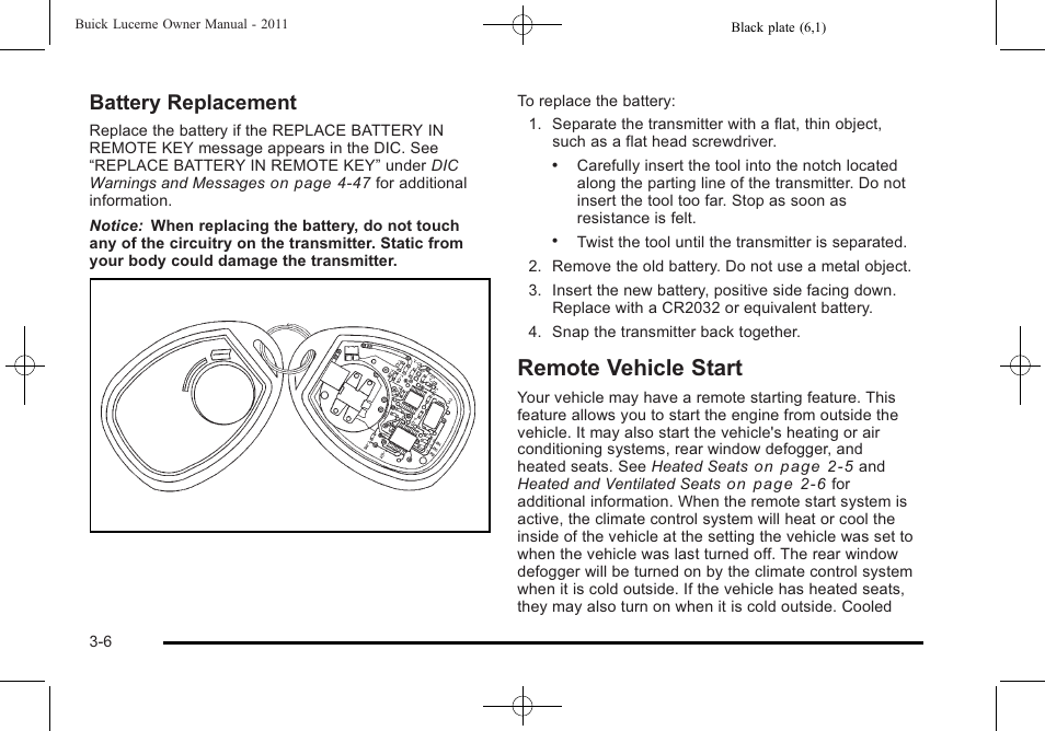 Remote vehicle start, Remote vehicle start -6, Battery replacement | Buick 2011 Lucerne User Manual | Page 112 / 446