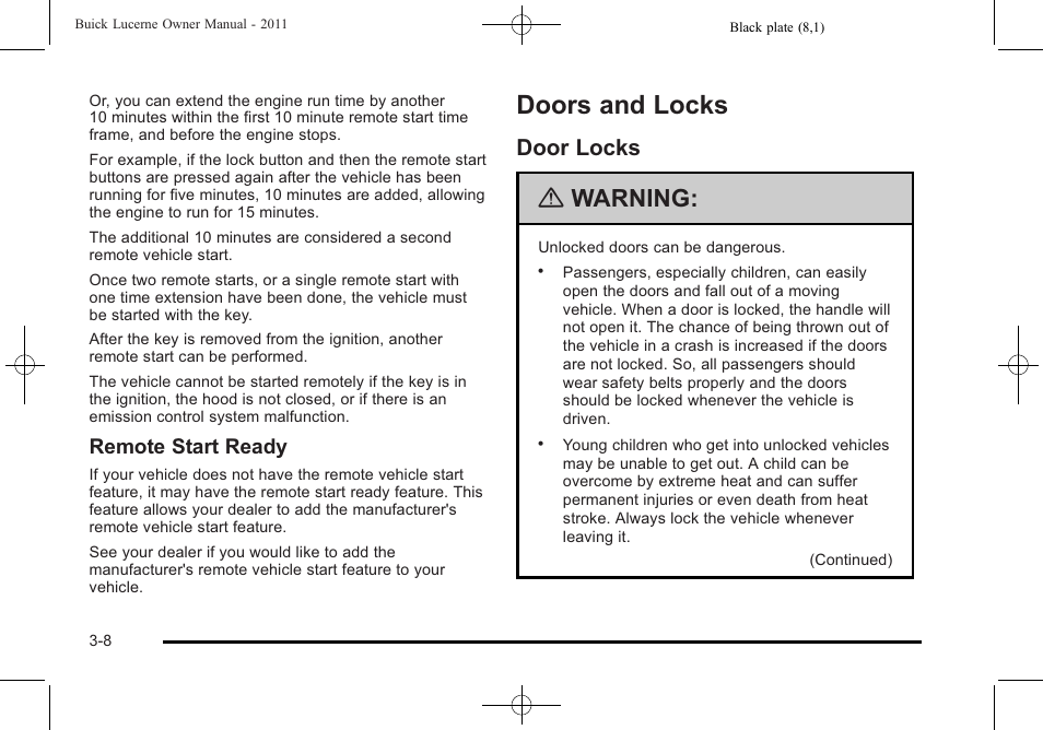 Doors and locks, Door locks, Doors and locks -8 | Door locks -8, Warning, Remote start ready | Buick 2011 Lucerne User Manual | Page 114 / 446