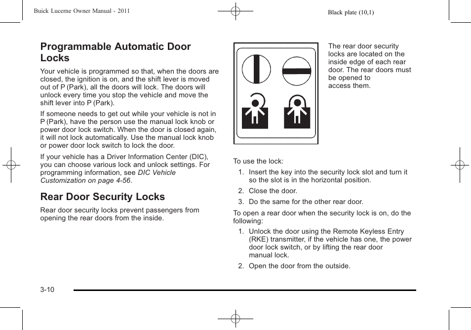 Programmable automatic door locks, Rear door security locks | Buick 2011 Lucerne User Manual | Page 116 / 446