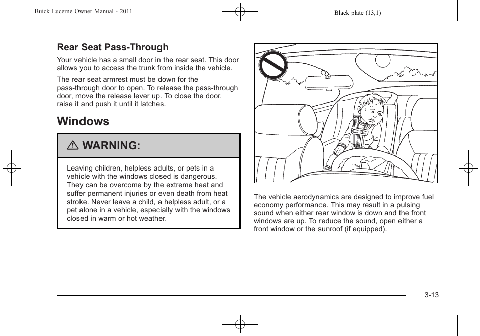 Windows, Windows -13, Warning | Buick 2011 Lucerne User Manual | Page 119 / 446