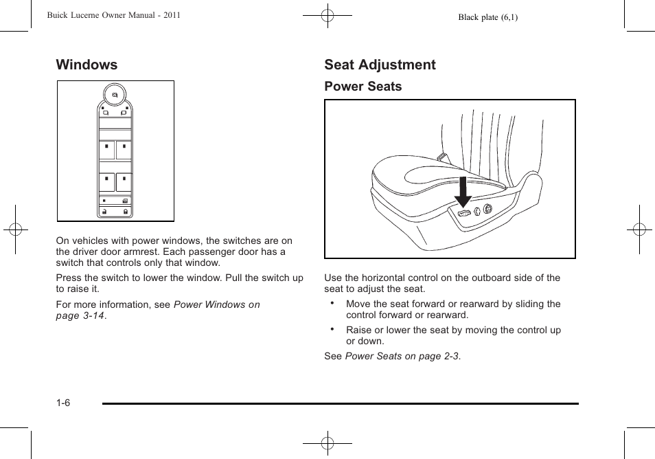 Windows, Seat adjustment, Windows -6 seat adjustment -6 | Navigation, Power seats | Buick 2011 Lucerne User Manual | Page 12 / 446