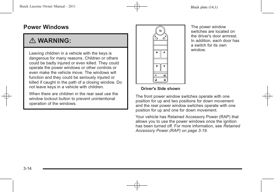 Power windows, Power windows -14, Warning | Buick 2011 Lucerne User Manual | Page 120 / 446