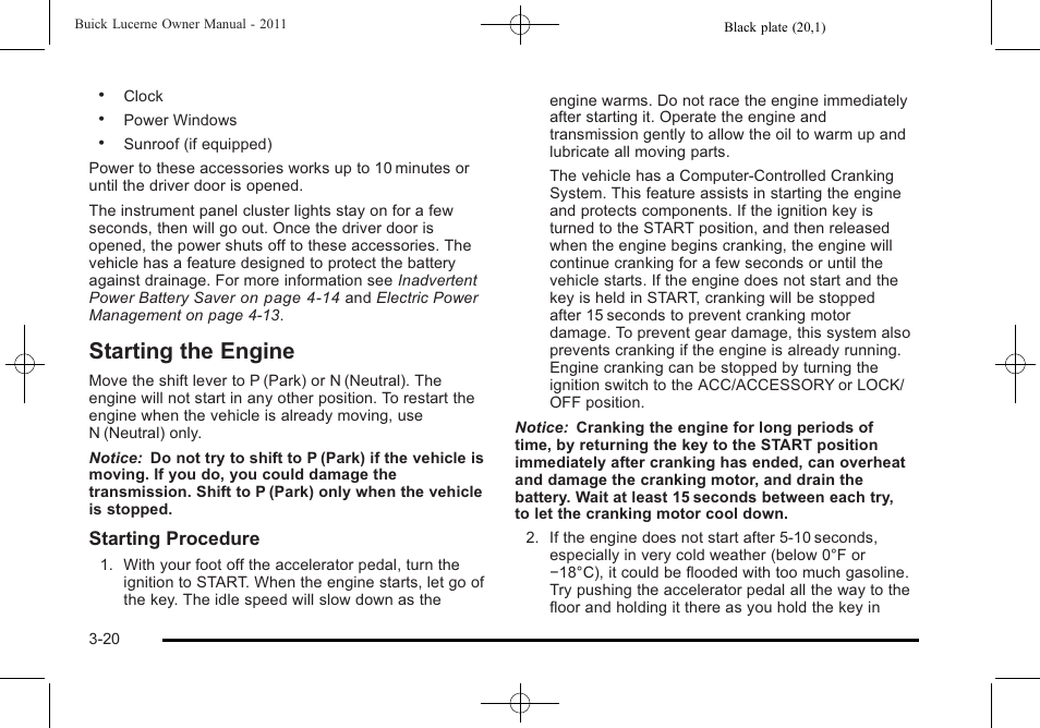 Starting the engine, Starting the engine -20, Starting procedure | Buick 2011 Lucerne User Manual | Page 126 / 446