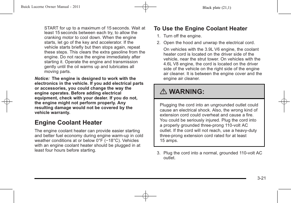 Engine coolant heater, Engine coolant heater -21, Warning | Buick 2011 Lucerne User Manual | Page 127 / 446