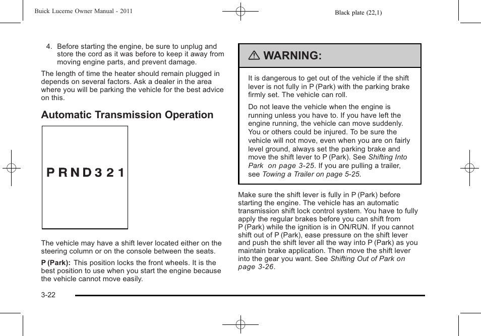 Automatic transmission operation, Automatic transmission operation -22, Warning | Buick 2011 Lucerne User Manual | Page 128 / 446