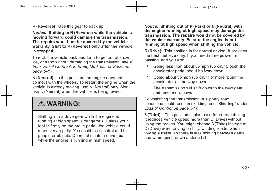 Warning | Buick 2011 Lucerne User Manual | Page 129 / 446