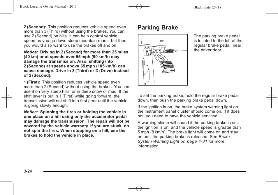 Parking brake, Parking brake -24 | Buick 2011 Lucerne User Manual | Page 130 / 446