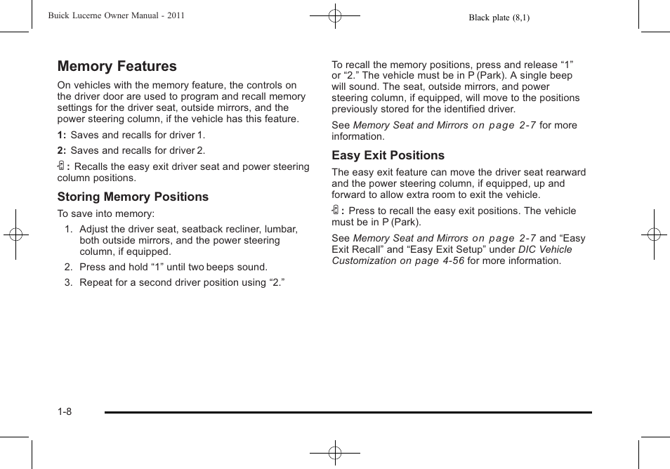 Memory features, Memory features -8 | Buick 2011 Lucerne User Manual | Page 14 / 446